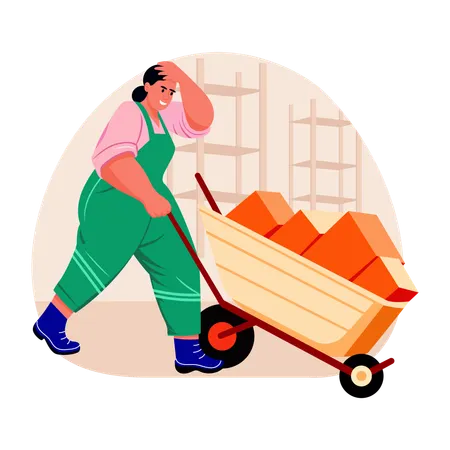 Tired worker pushing a wheelbarrow  Illustration