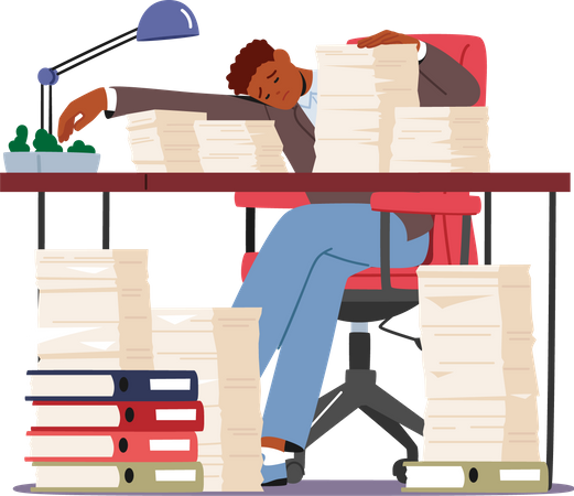 Tired Worker Sleep On Office Desk With Paper Piles  Illustration