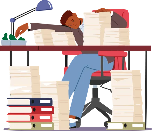 Tired Worker Sleep On Office Desk With Paper Piles  Illustration