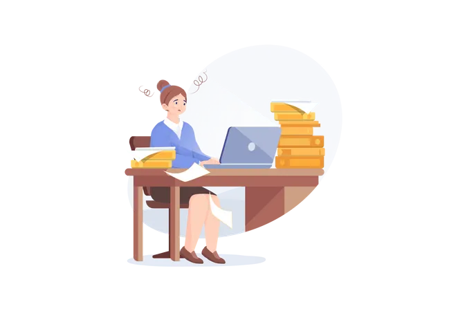 Tired young woman working on her laptop among piles of papers and documents. Stress in the office Illustration