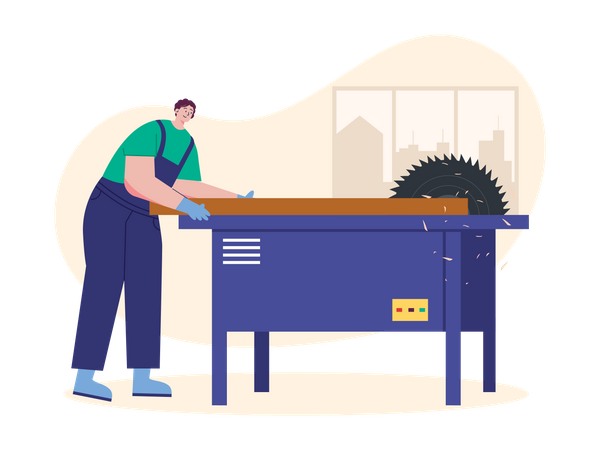 Tischler schneidet Holz auf Sägemaschine  Illustration