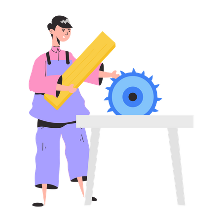 Tischler schneidet Holz auf Sägemaschine  Illustration