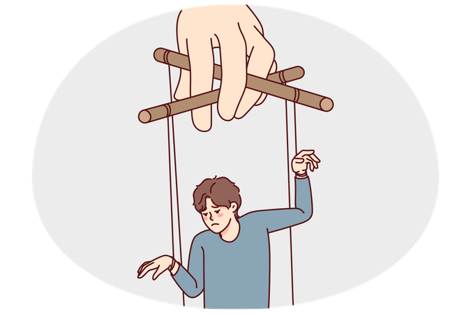Mano de titiritero manipulando a un hombre triste  Ilustración