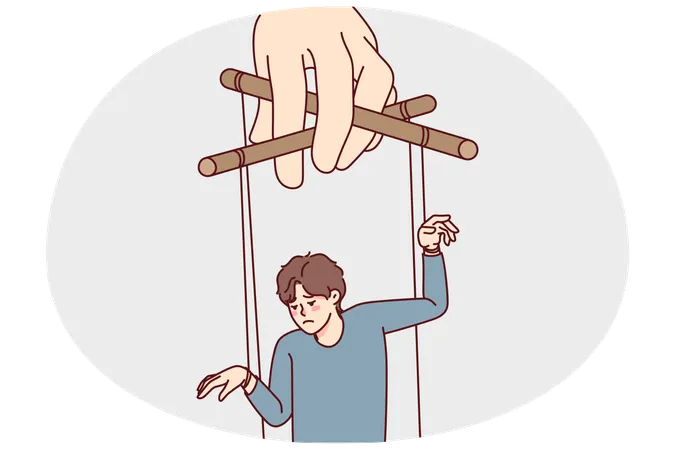 Mano de titiritero manipulando a un hombre triste  Ilustración