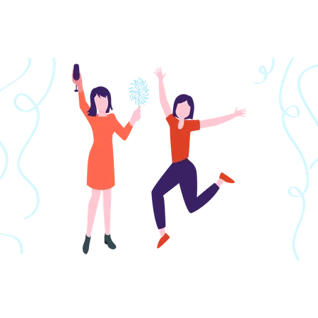 Two Females Drink And Dancing On New Year Night Illustration