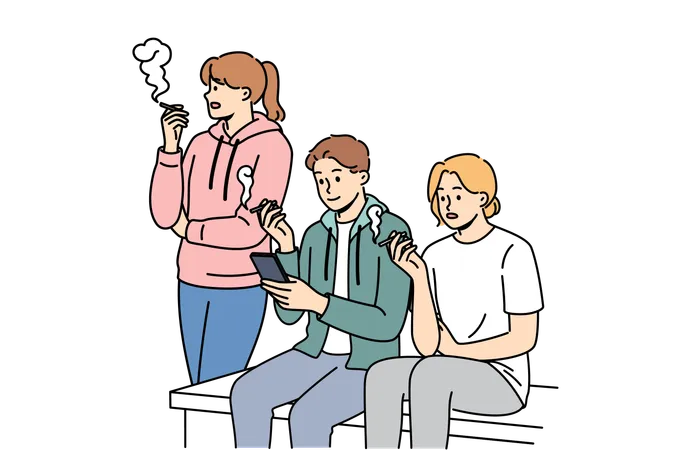 Tobacco Addiction In People Sitting On Street And Smoking Cigarettes During Break From Work Concept Of Problem Of Passive Smoking In Society Caused By Cigarette Addiction In Part Of Population Illustration