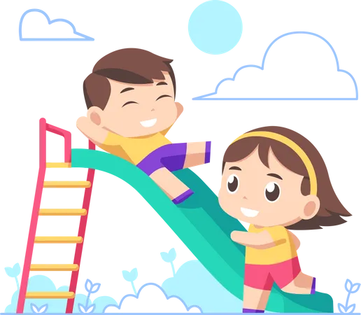 Les enfants montent sur le toboggan du parc  Illustration