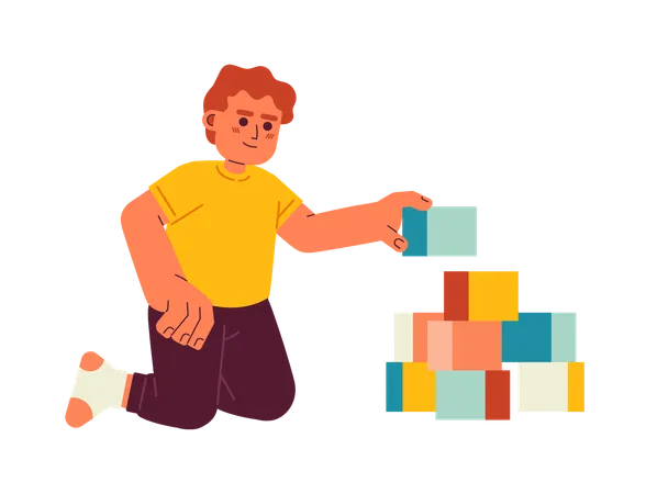 Toddler Boy Building Pyramid Cubes Semi Flat Color Vector Character Male Kindergartner Playing Toy Editable Full Body Person On White Simple Cartoon Spot Illustration For Web Graphic Design Illustration