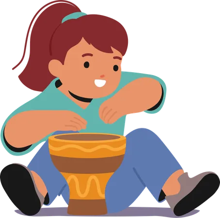 Adorable Toddler Girl Character Sits On The Floor Joyfully Playing Small Drum Creating Sweet Innocent Melodies Tiny Hands And Bright Eyes Radiate Pure Happiness Cartoon People Vector Illustration Illustration