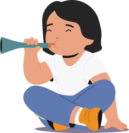 Toddler Sits On The Floor and Playing Miniature Flute  Illustration