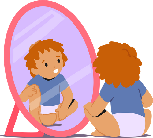 Toddler sitting on floor gazing into a mirror  Illustration