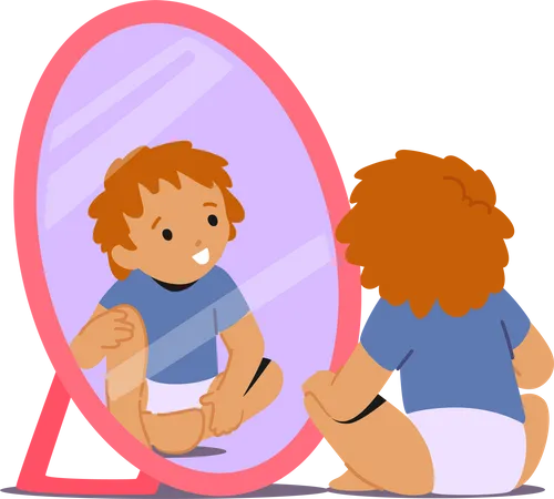 Toddler sitting on floor gazing into a mirror  Illustration