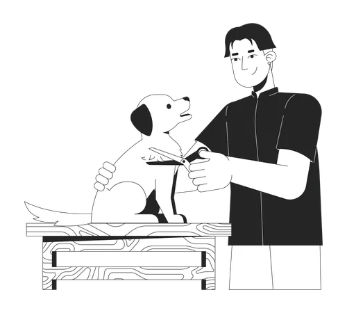 Toiletteur asiatique travaillant avec un chien  Illustration