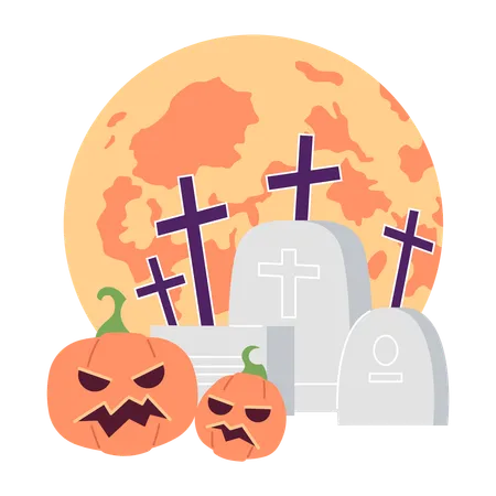 Tombstones Pumpkins With Glowing Moon Flat Concept Vector Spot Illustration Graveyard Spooky Jack O Lanterns 2 D Cartoon Composition On White For Web UI Design Isolated Editable Creative Hero Image イラスト