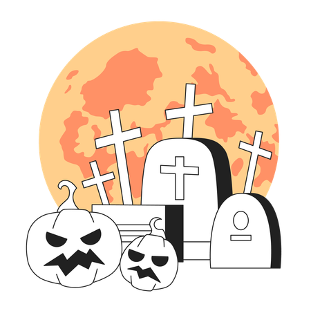 Tombstones pumpkins with glowing moon  Illustration