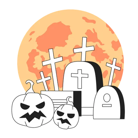 Tombstones Pumpkins With Glowing Moon Monochrome Concept Vector Spot Illustration Graveyard Jack O Lanterns 2 D Flat Bw Cartoon Composition For Web UI Design Isolated Editable Hand Drawn Hero Image Illustration