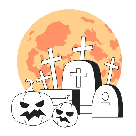 Tombstones pumpkins with glowing moon  Illustration