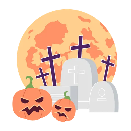 Tombstones pumpkins with glowing moon  Illustration