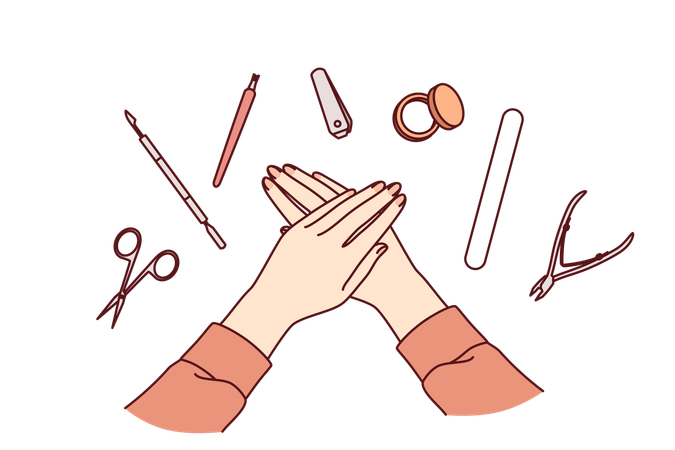 Tools for manicure around hands of woman with nails in need of polishing or removing cuticles  Illustration