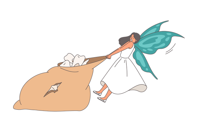 Tooth fairy pulls large bag of children molars  Illustration