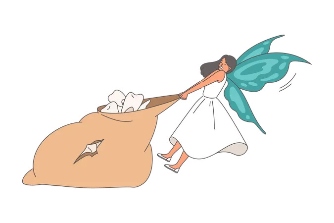 Tooth fairy pulls large bag of children molars  Illustration