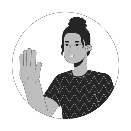 Top Knot Black Girl Saying Hi Black And White 2 D Vector Avatar Illustration African American Woman Positive Greeting Outline Cartoon Character Face Isolated Stop Hand Flat User Profile Image Illustration