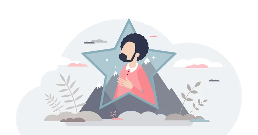 Top Talent Or Best Professional Skills Employee With Star Tiny Person Concept Unique And Successful Business Staff Performance With Peak Productivity Vector Illustration Mountain As Goal Symbol Illustration