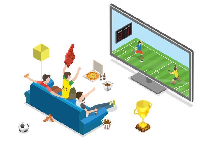 Fãs de futebol assistem ao jogo na TV  Ilustração