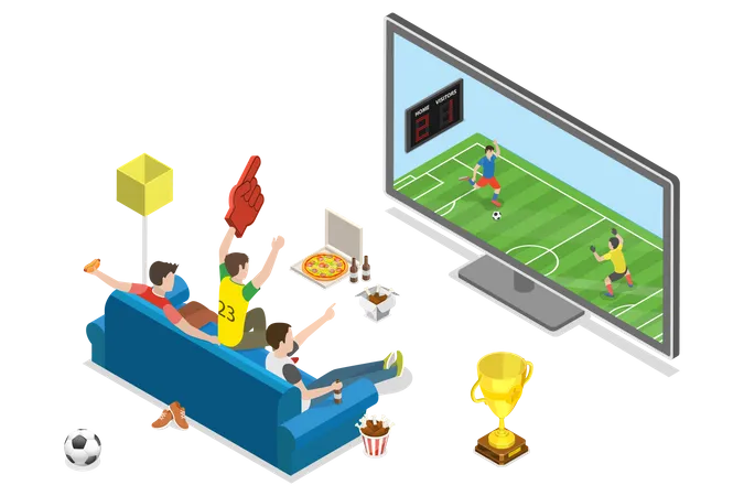 Fãs de futebol assistem ao jogo na TV  Ilustração