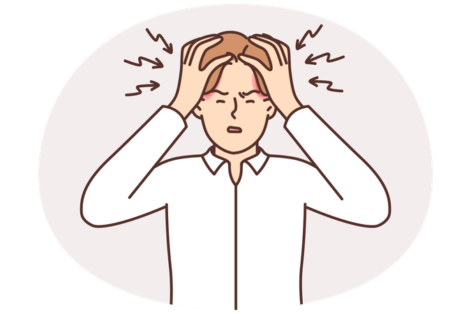 Tormented man clutches head and squints due to overworking and large number of work tasks  Illustration