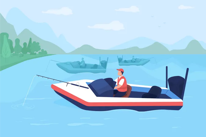 Torneo De Pesca En Barcos Ilustracion Vectorial De Color Plano Compitiendo Por Ganar Un Premio En Efectivo Personaje De Dibujos Animados 2 D De Pescador Joven E Inexperto Con Paisaje De Lago Y Lanchas Motoras En El Fondo Ilustración
