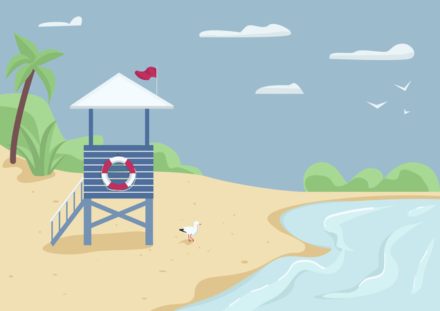 Torre de salvavidas en la playa de arena  Ilustración