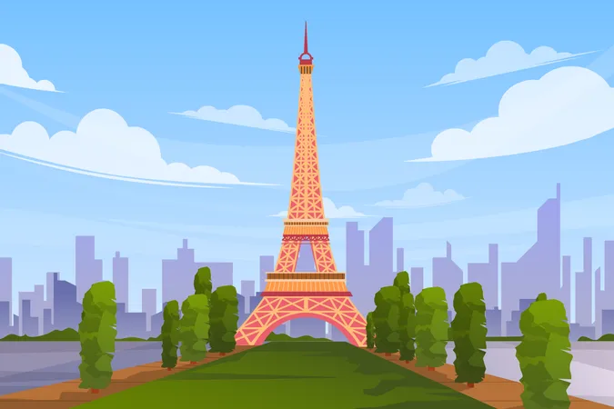 Hermosa Escena Con La Torre Eiffel En Paris Simbolo Mundialmente Famoso De Atraccion Turistica De Francia Postales De Diseno De Monumentos Internacionales O Carteles De Viaje Ilustracion Vectorial Ilustración