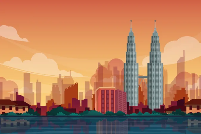 Hermoso Paisaje Con Las Torres Gemelas Petronas En Kuala Lumpur Postal De Diseno De Atraccion Turistica De Malasia O Cartel De Viaje Ilustracion Vectorial Ilustración