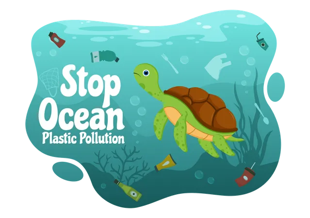 Tortoise in ocean pollution  Illustration