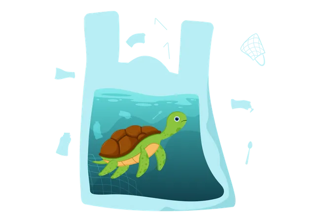 Tortoise in plastic bag  Illustration