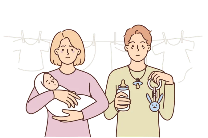 Tortured newborn with newborn child are raising son and feel tired  Illustration