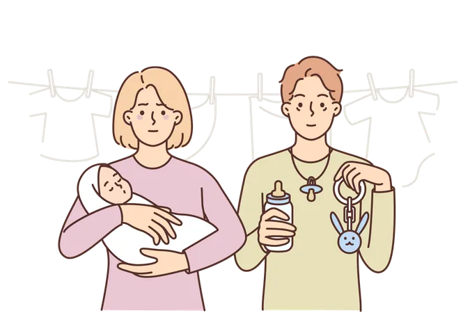 Tortured Newborn With Newborn Child Are Raising Son And Feel Tired Because Of Parental Troubles Tired Mom And Dad Holding Newborn Baby For Concept Of Family Planning And Education For Parents Illustration