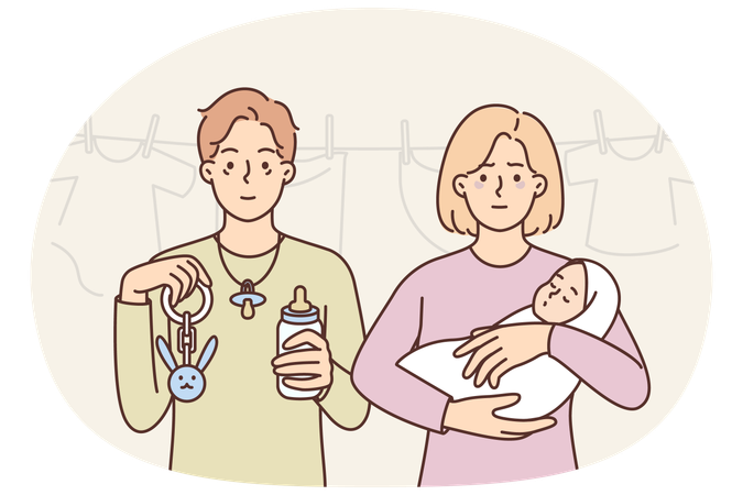Tortured newborn with newborn child are raising son and feel tired because of parental troubles  Illustration