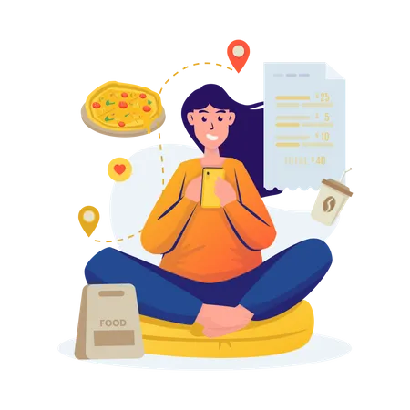 A Woman Calculates The Total Food Order Price Illustration Illustration