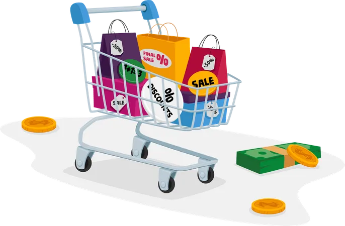 Total Sale Concept Customer Trolley Full Of Colorful Shopping Bags Money Bills And Coins Around Special Offer Promotion Discount And Price Off Day Shopper Activity Cartoon Vector Illustration Illustration
