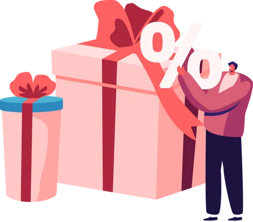 Total Sale Concept Young Man Customer Stand At Huge Wrapped Gift Boxes With Percent Symbol Shop Special Offer Promotion Discount And Price Off Day Shopping Activity Cartoon Flat Vector Illustration Illustration