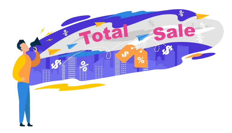 Total Sale Banner Young Man Character In Jeans And Yellow Jumper Shout In Megaphon Huge Speech Bubble With Price Tags And Dollar Signs On Night City View Background Cartoon Flat Vector Illustration イラスト