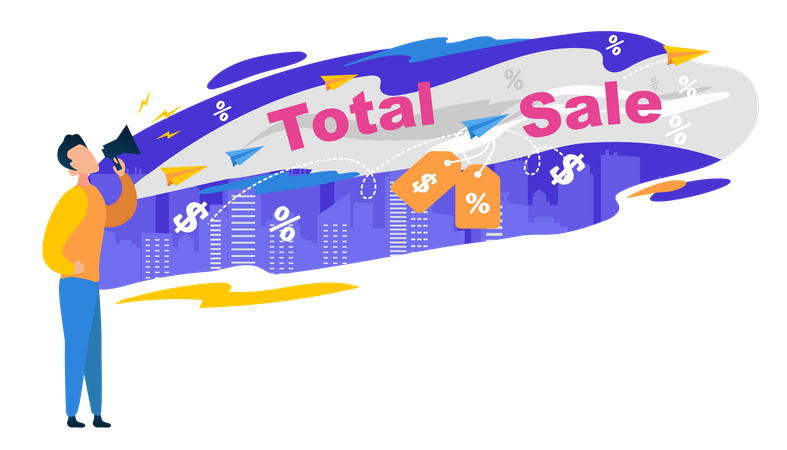 Total Sale Banner , Man Character Shout in Megaphone  Illustration