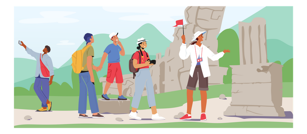 Tour guide guiding group of tourists  Illustration