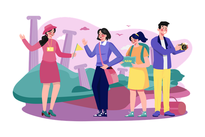 Tour guide lady and group of tourists Illustration