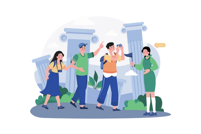 Tour Guide Lady And Group Of Tourists  Illustration