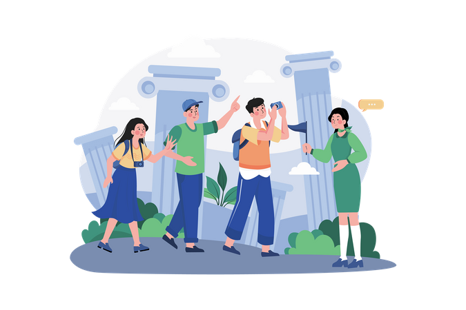 Tour Guide Lady And Group Of Tourists  Illustration