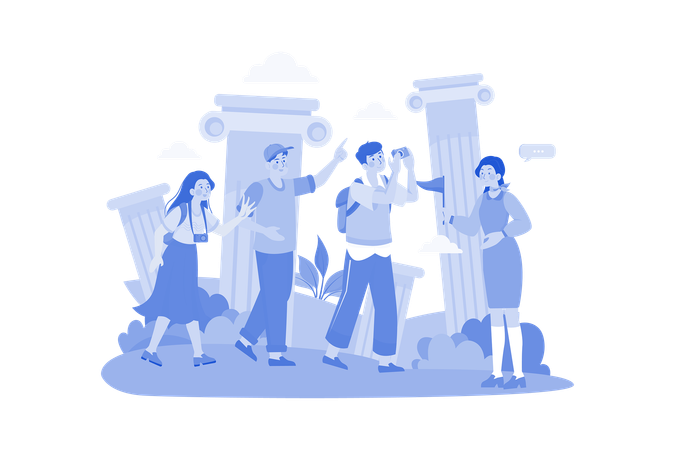 Tour Guide Lady And Group Of Tourists  Illustration