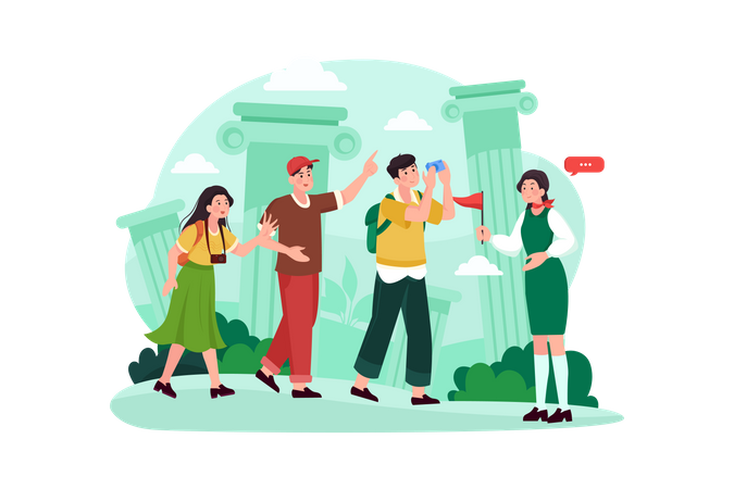 Tour guide lady and group of tourists  Illustration